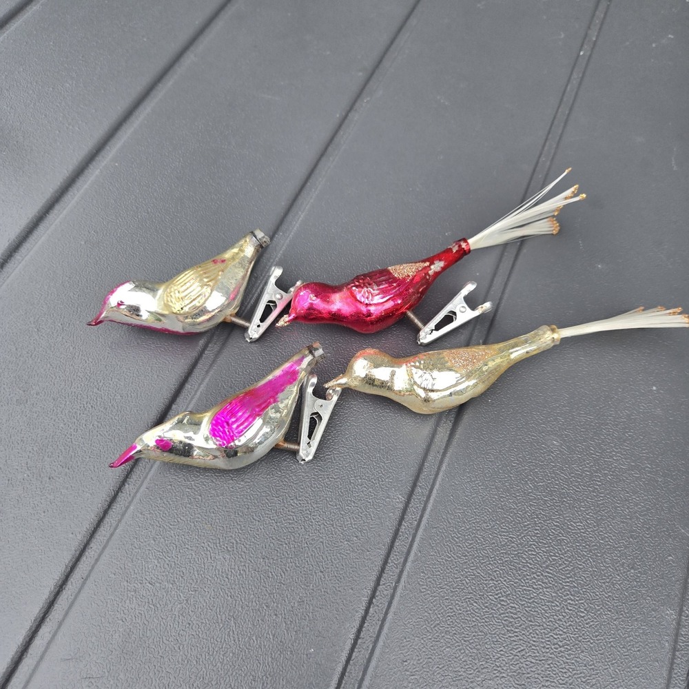 Vintage Glass Clip On Bird Ornaments with Fiberglass Tails. Damaged. Flaws